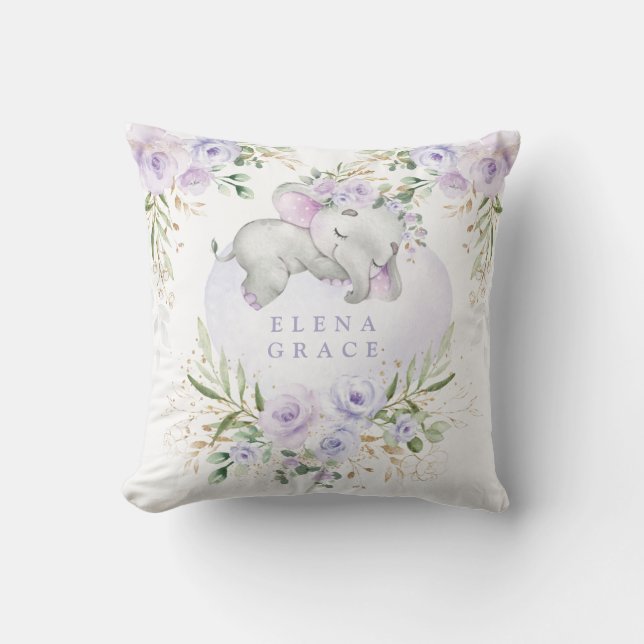 Coussin Bébé doux Eléphant violet vert floral Nursery (Recto)