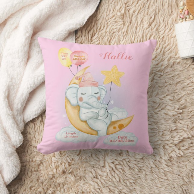 Coussin Bébé éléphant endormi Statistiques de naissance Ro (Couverture)