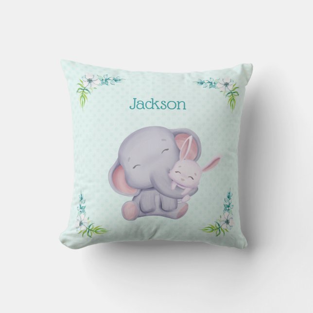 Coussin bébé éléphant gris et lapin (Recto)