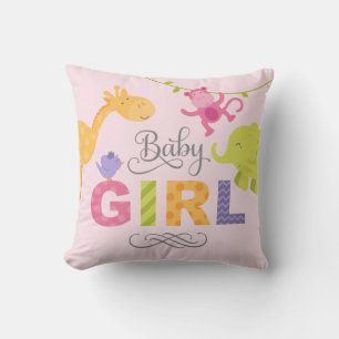 Coussin Bébé fille   Animaux de la jungle rose