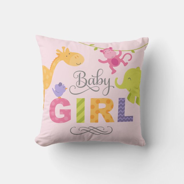 Coussin Bébé fille | Animaux de la jungle rose (Recto)
