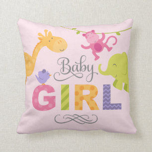 Coussin Bébé fille   Animaux de la jungle rose