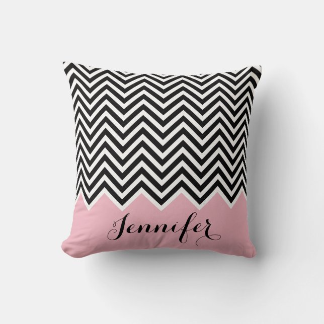 Coussin Bébé fille rose noir et blanc Chevron Personnalisé (Recto)