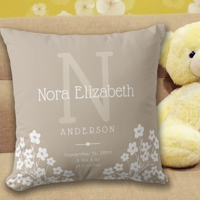 Coussin Bébé Filles Naissance Statistiques Fleurs Monogram (Créateur téléchargé)