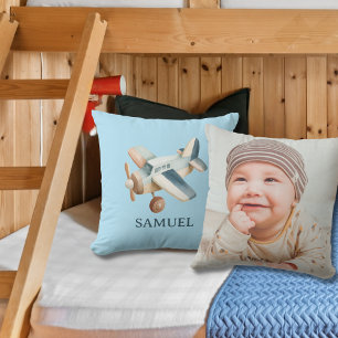 Coussin Bébé garçon bleu photo d'avion vintage aquarelle