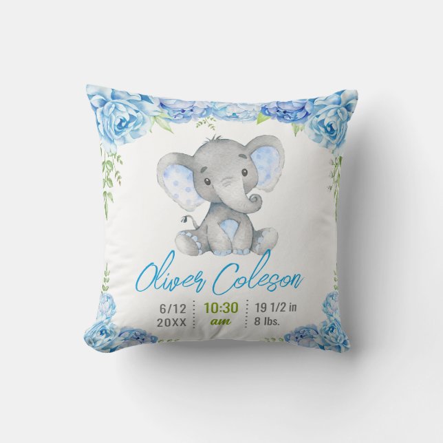 Coussin Bébé garçon éléphant bleu Statistiques Little Pean (Recto)