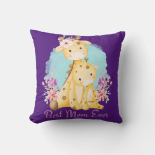 Coussin Bébé girafe et maman thème violet Meilleure maman