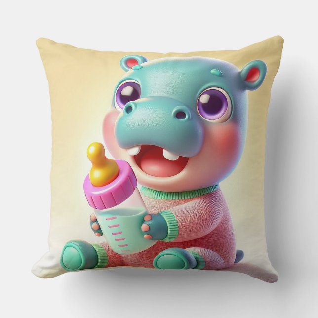 Coussin Bébé Hippopotame Mignon Avec Biberon Nursery 🦛 (Recto)