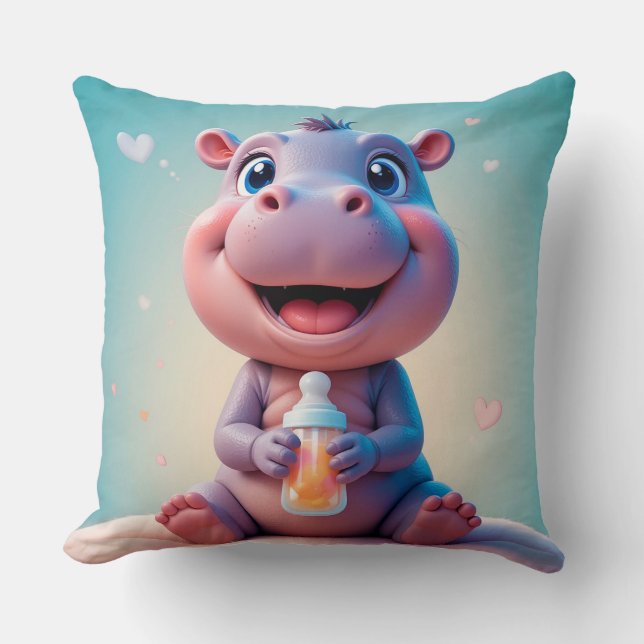 Coussin Bébé Hippopotame Mignon Tenant un Biberon Style Nu (Recto)