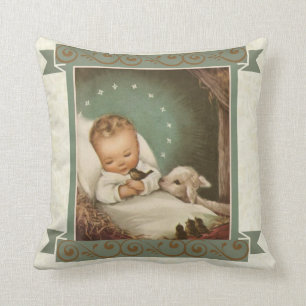 Coussin Bébé Jésus avec l'agneau et l'oiseau dans la