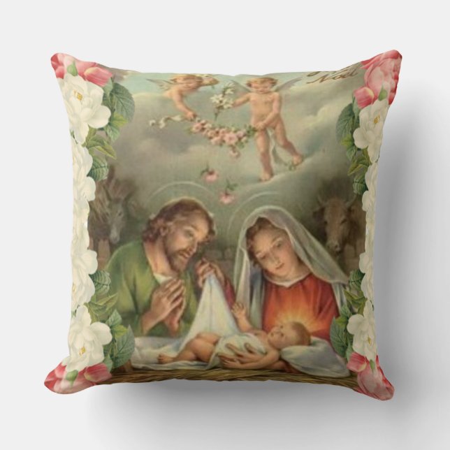 Coussin Bébé Jésus St Joseph, Mary, ange de roses de Noël (Recto)
