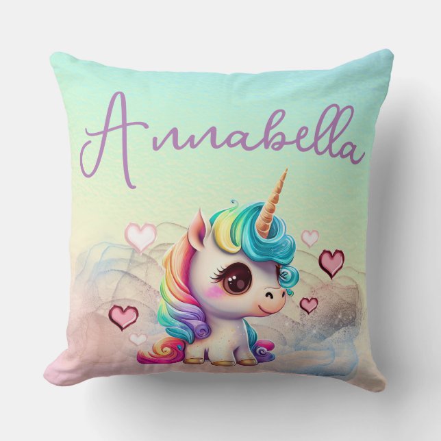 Coussin Bébé licorne mignonne et cœurs sur arc-en-ciel (Recto)