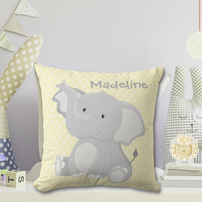 Coussin Bébé mignon Eléphant Jaune Polka-Dot Monogramme (Créateur téléchargé)