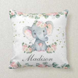 Coussin Bébé mignon Eléphant rose Floral verdure Nursery