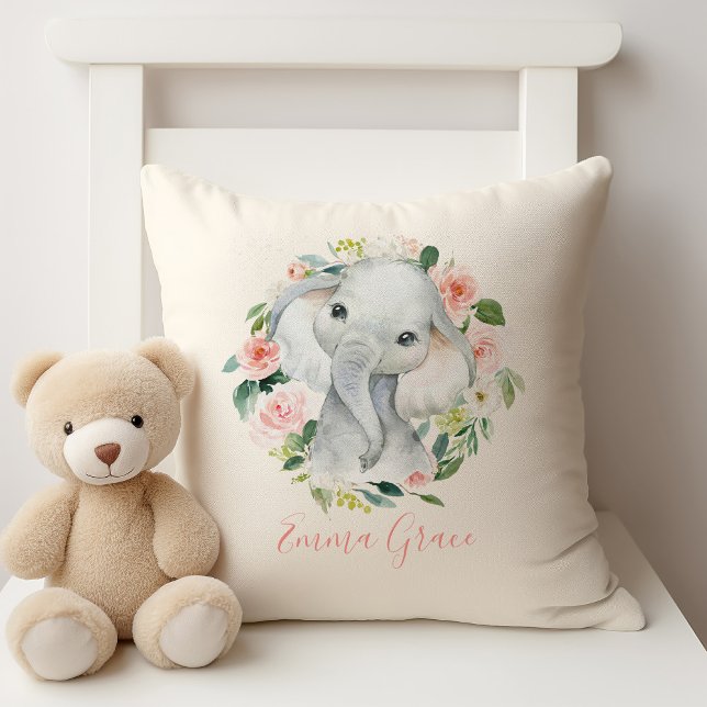 Coussin Bébé mignon Flore d'éléphant avec le nom de l'enfa (Créateur téléchargé)