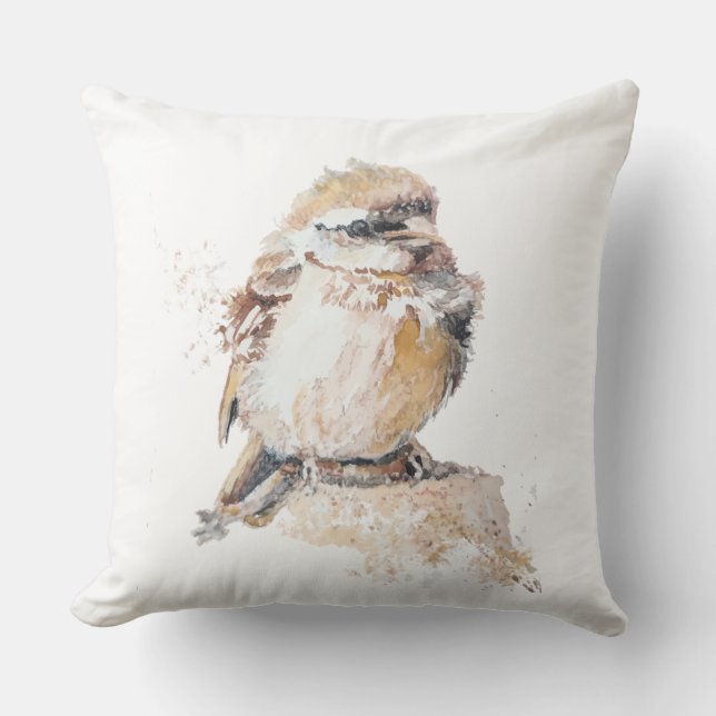 Coussin Bébé moineau à l'aquarelle aux plumes ébouriffées (Recto)