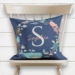 Coussin Bébé Monogramme bleu sous la pieuvre de mer