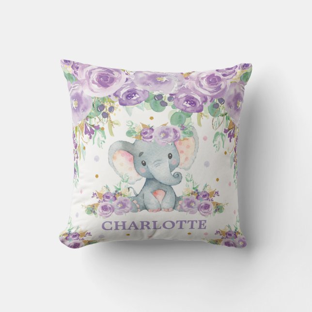 Coussin Bébé mou Eléphant violet Floral Girl Nursery (Recto)
