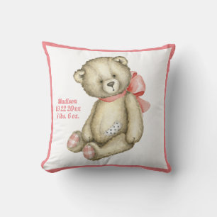 Coussin Bébé Ours rose Ruban Aquarelle Bébé Fille