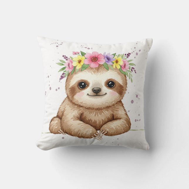 Coussin Bébé paresseux avec couronne de fleurs (Recto)
