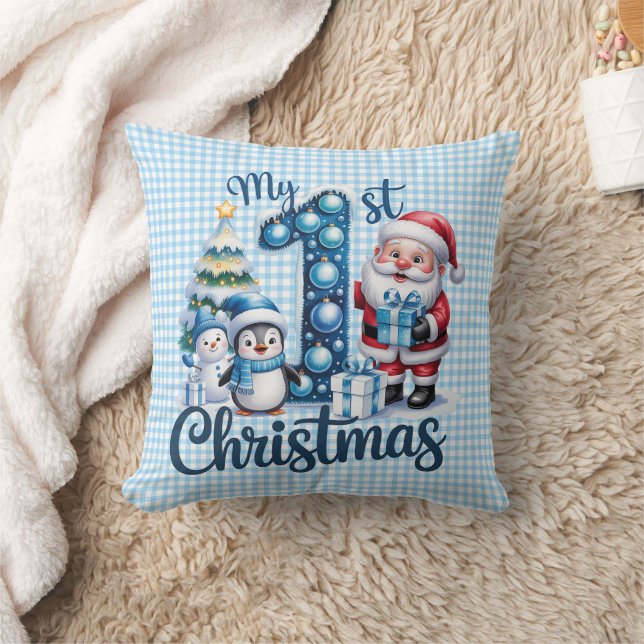 Coussin Bébé personnalisé Gingham bleu Mon premier Noël (Couverture)