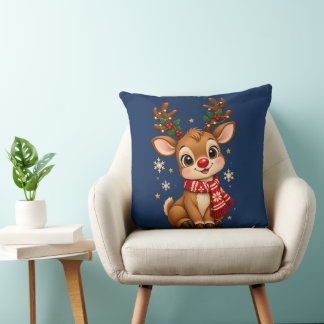 Coussin Bébé renne de Noël mignon écharpe rouge jeté 