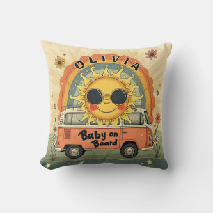 Coussin Bébé souriant rétro groovy Soleil, vibrations de p