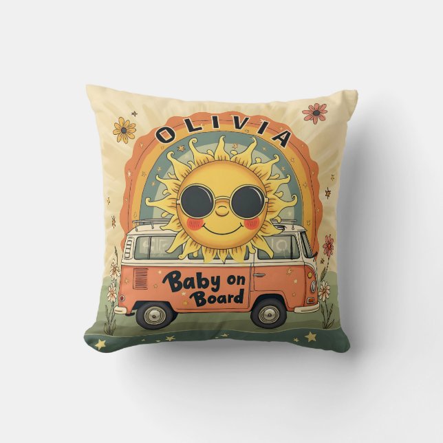 Coussin Bébé souriant rétro groovy Soleil, vibrations de p (Recto)