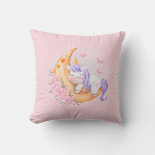 Coussin Bébé Unicorne au-dessus de la lune avec fleurs