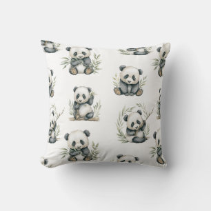 Coussin Bébés pandas mignons aquarelle mangeant du bambou
