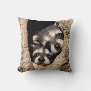 Coussin Bébés ratons laveurs regardant hors de l'arbre