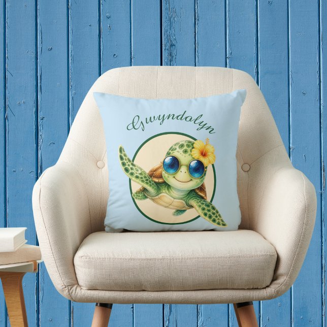Coussin Bébés tortues de mer mignonnes avec des fleurs tro (Créateur téléchargé)