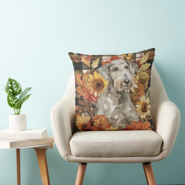 Coussin Bedlington Terrier Chien Automne Aquarelle Fleurs (Chaise)