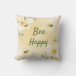 Coussin Bee Happy abeilles fleurons jaunes nid d'abeille a