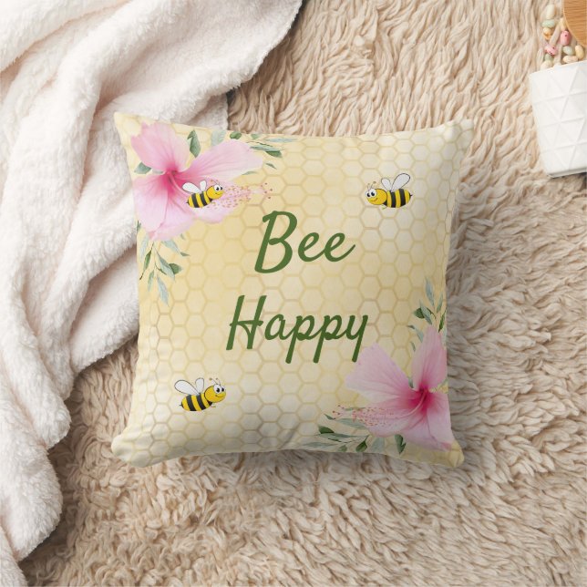 Coussin Bee Happy abeilles jaunes nid d'abeilles rose fleu (Couverture)
