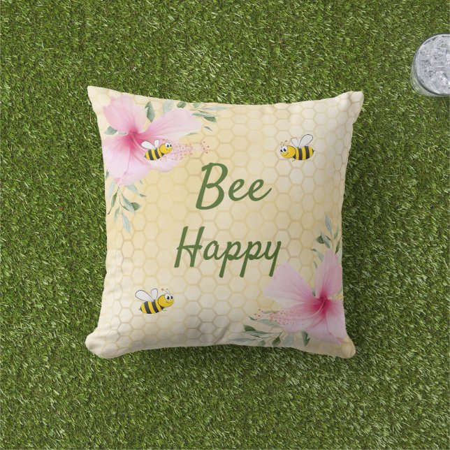 Coussin Bee Happy bumble abeilles jaune nid d'abeille été (Herbe)
