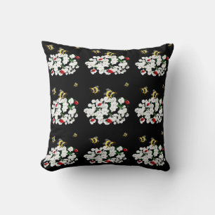 Coussin Bees ladybirds fleurs blanc noir Art par LeahG