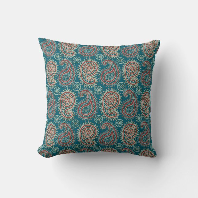 Coussin beige bleu rouge de Heffalumps Paisley, (Recto)