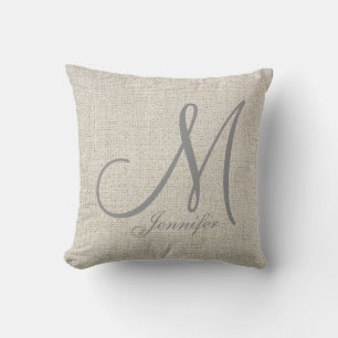 Coussin BEIGE CLAIR ECRU Linge GRIS Monogramme