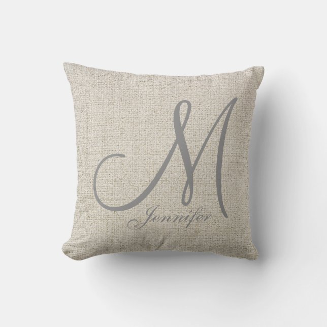 Coussin BEIGE CLAIR ECRU Linge GRIS Monogramme (Recto)
