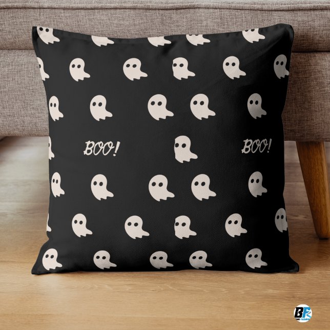 Coussin Beige et noir "Boo !" Halloween Cute Minimale Auto (Créateur téléchargé)