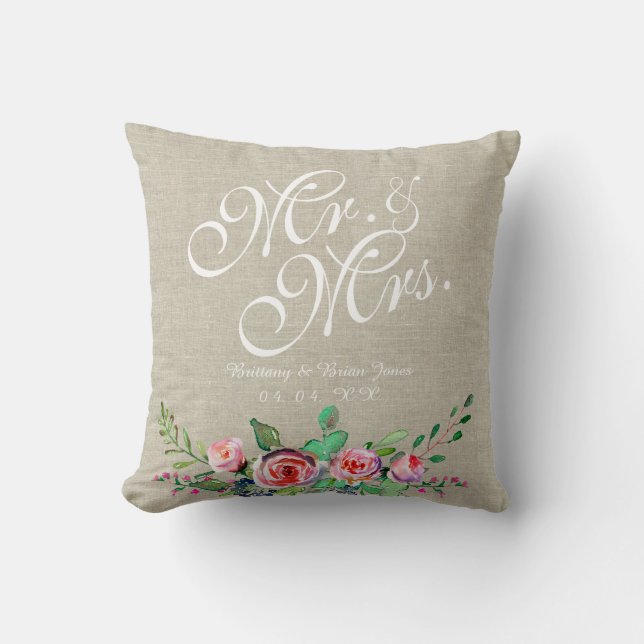 Coussin Beige Linen Rustic Floral M. Mme Mariage (Recto)