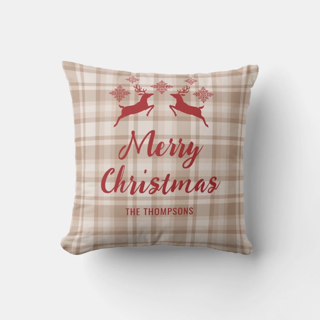 Coussin Beige Plaid Red Deer Joyeux Noël Nom personnalisé (Recto)