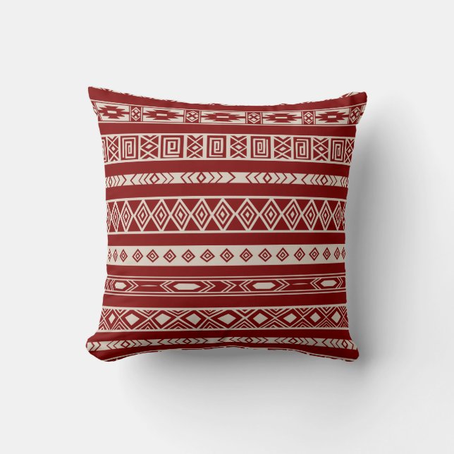 Coussin Beige rouge de motif géométrique ethnique tribal (Recto)