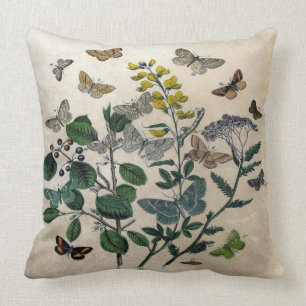 Coussin Beige rustique de papillons floraux botaniques