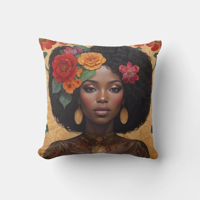Coussin Belle Africaine Américaine Avec Fleurs (Recto)