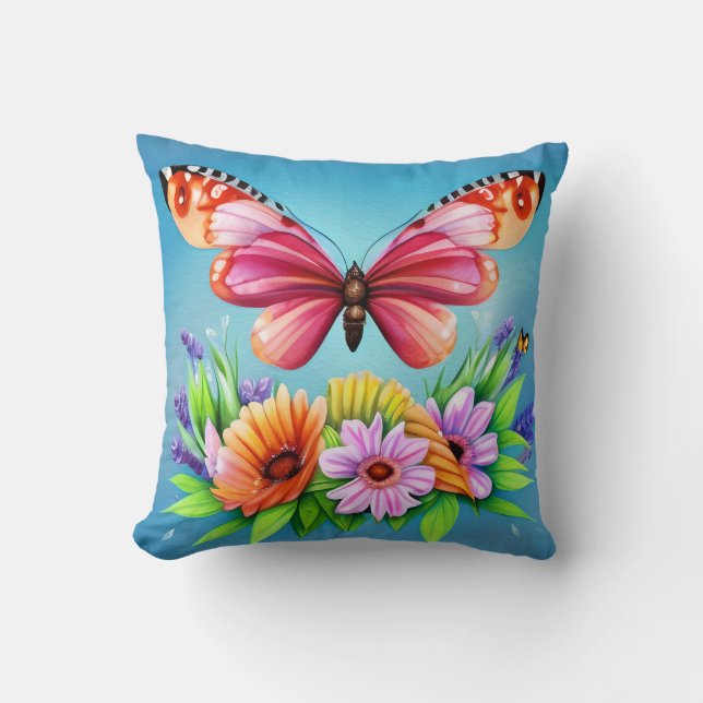Coussin Belle aquarelle colorée Papillon et Fleur (Recto)