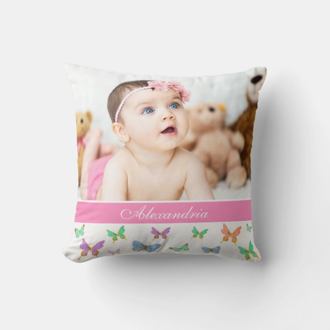 Coussin Belle aquarelle Papillons/Photo personnalisée (Recto)