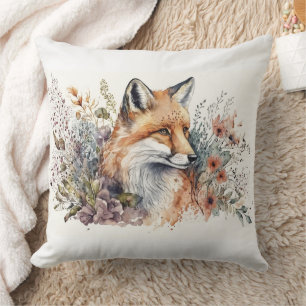 Coussin Belle Aquarelle Peinture Renard Rouge En Fleurs