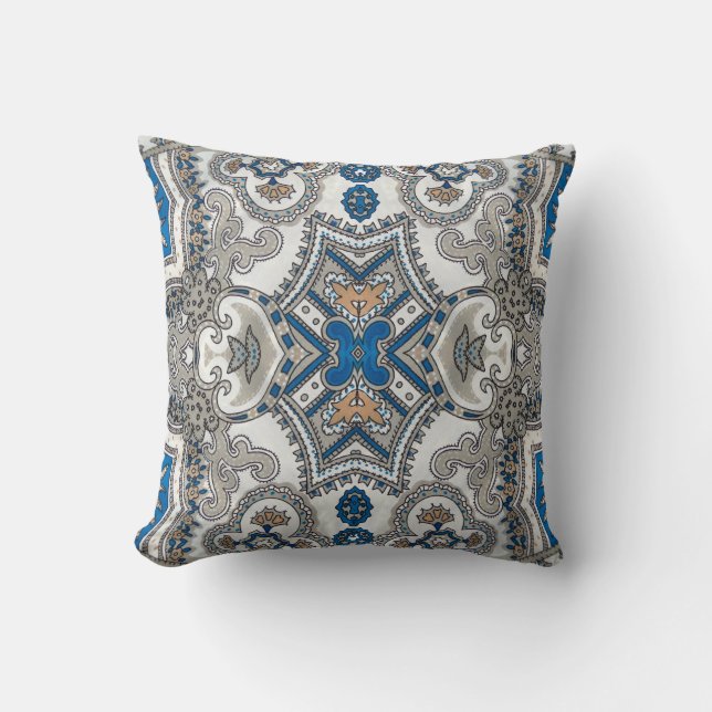 Coussin Belle arabesque blanche et bleue, motif islamique (Recto)